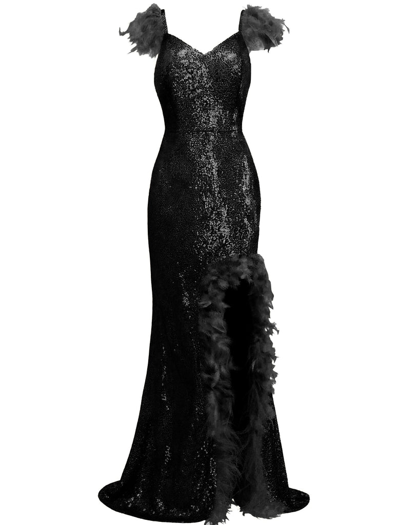 1930s V-Neck Feather Strap High Slit Sequined Dress - vintage dress, retro fashion