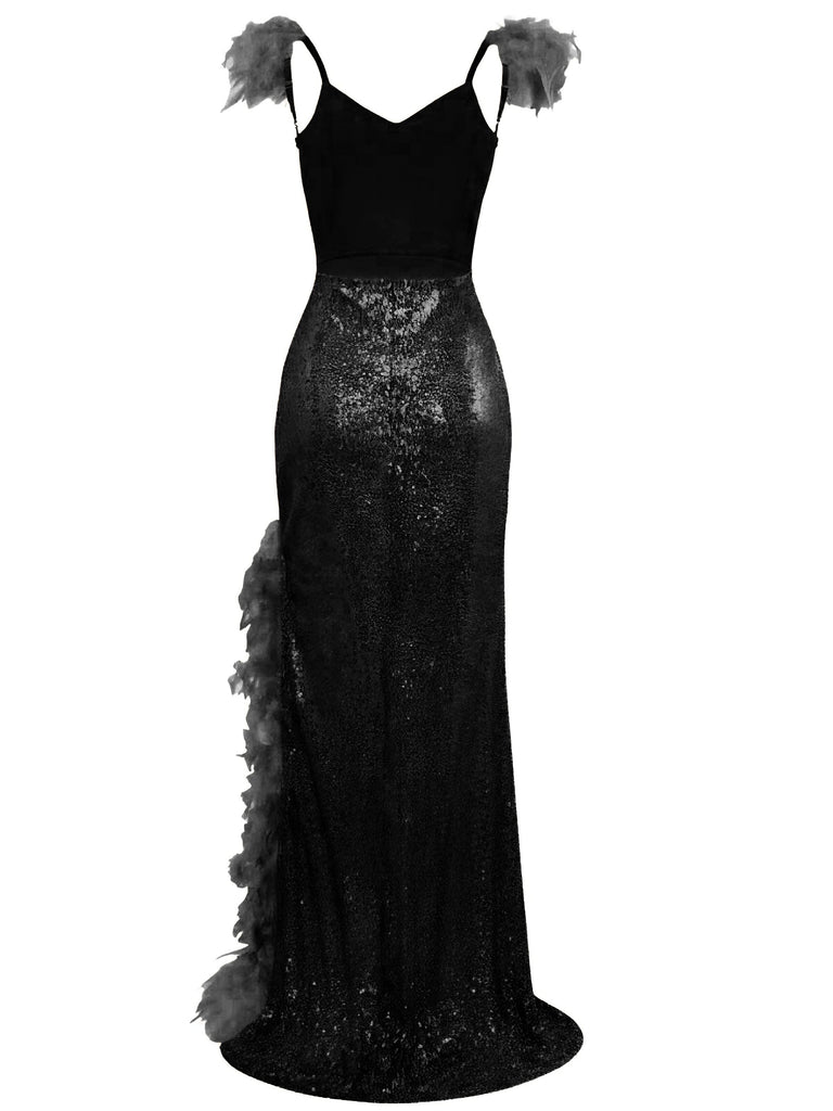1930s V-Neck Feather Strap High Slit Sequined Dress - vintage dress, retro fashion
