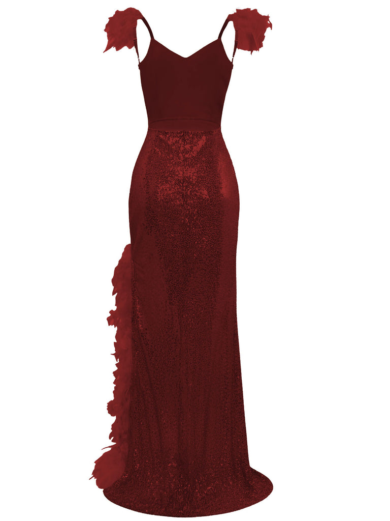 1930s V-Neck Feather Strap High Slit Sequined Dress - vintage dress, retro fashion