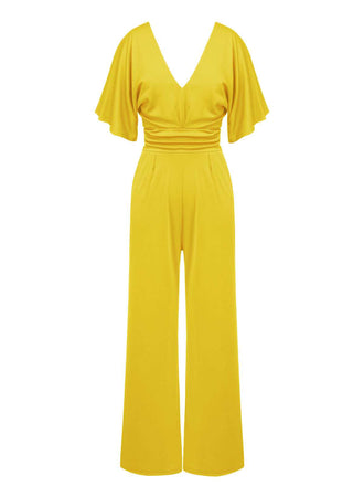 She finds her 1930s story in this 1930s V-Neck Knitted Solid Jumpsuit
