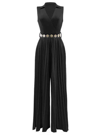 She finds her 1930s story in this 1930s V-Neck Lapel Pleated Wide-Leg Jumpsuit