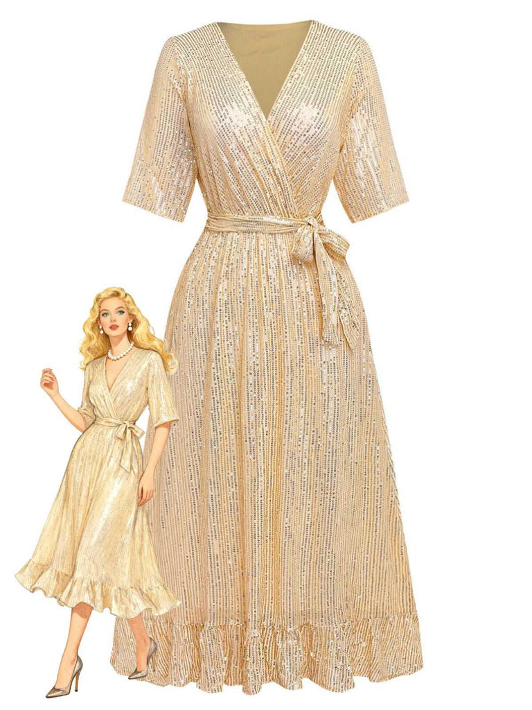 1930s V-Neck Sequined Ruffled Hem Dress - vintage dress, retro fashion