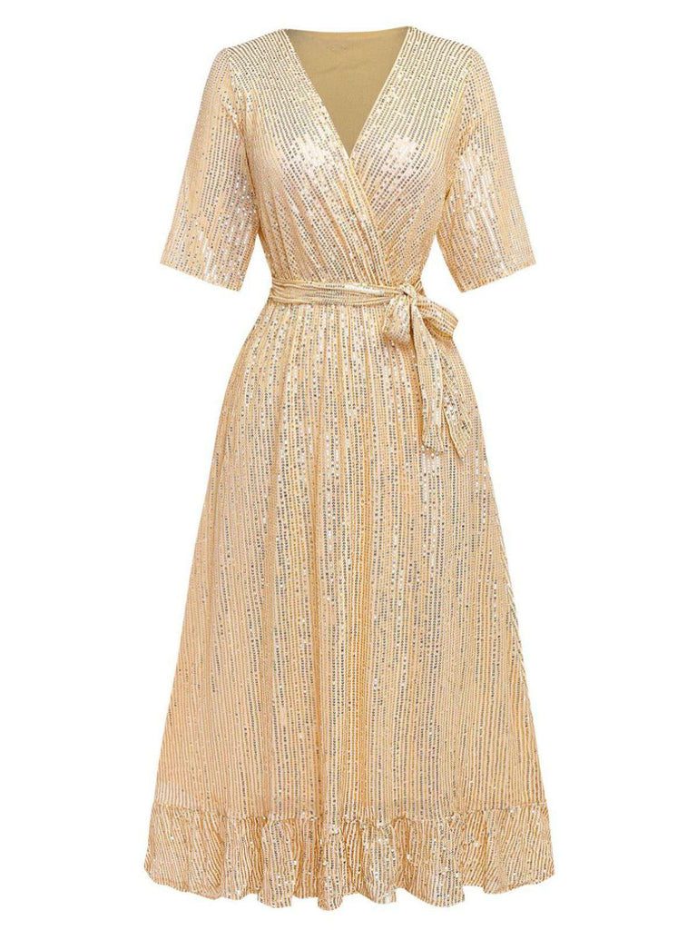 1930s V-Neck Sequined Ruffled Hem Dress - vintage dress, retro fashion