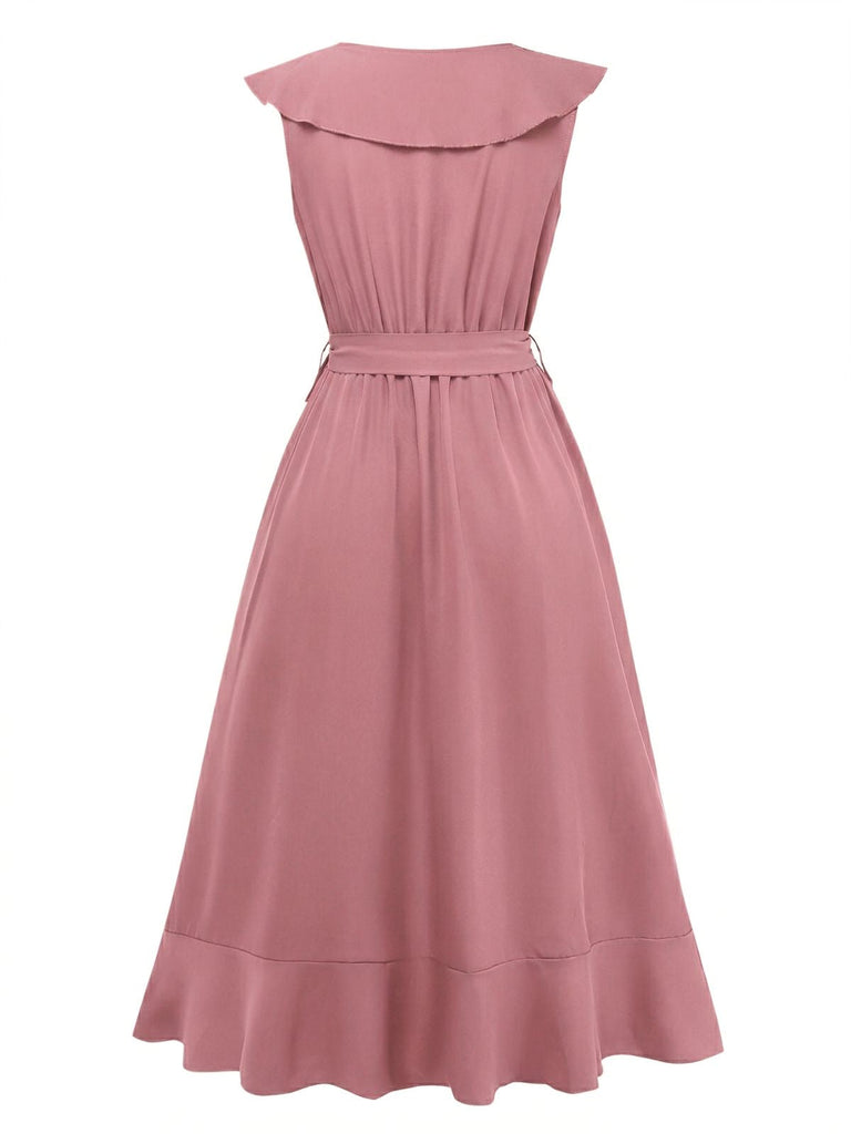 1930s V-Neck Solid Ruffled Hem Tie-Up Dress | vintage dress, retro fashion, elegant style - perfect for retro fashion enthusiasts
