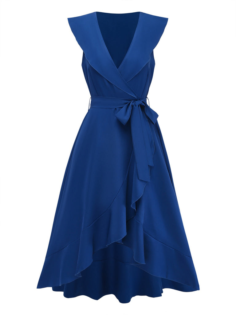 1930s V-Neck Solid Ruffled Hem Tie-Up Dress - vintage dress, retro fashion, elegant style for vintage lovers
