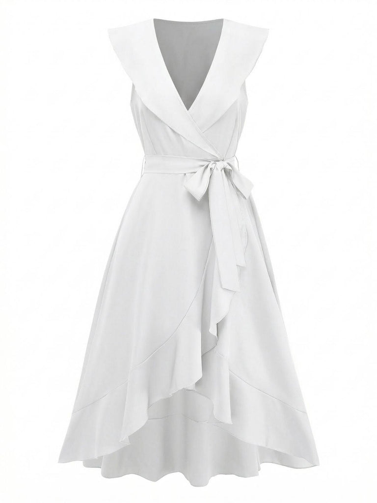 1930s V-Neck Solid Ruffled Hem Tie-Up Dress | vintage dress, retro fashion, elegant style - perfect for retro fashion enthusiasts