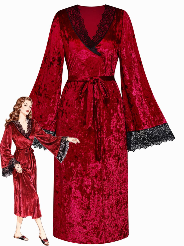 1930s Velvet Lace Long Sleeve Patchwork Pajama Robe - vintage fashion, retro style