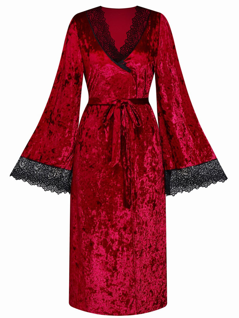 1930s Velvet Lace Long Sleeve Patchwork Pajama Robe - vintage fashion, retro style