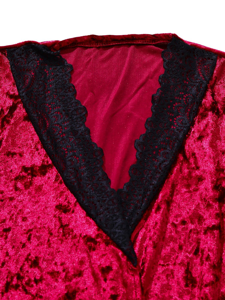 1930s Velvet Lace Long Sleeve Patchwork Pajama Robe - vintage fashion, retro style