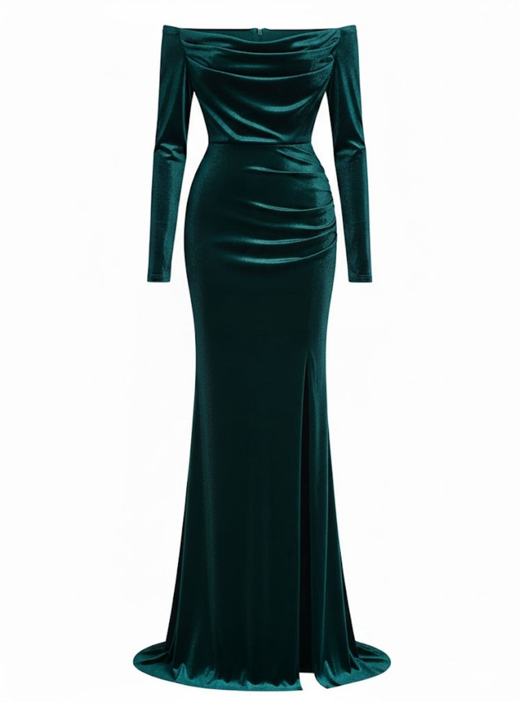 1930s Velvet Off-Shoulder Ruched Side-Slit Dress - vintage dress, retro fashion