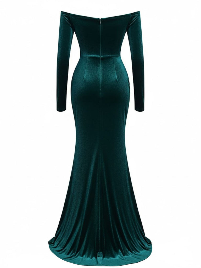 1930s Velvet Off-Shoulder Ruched Side-Slit Dress - vintage dress, retro fashion