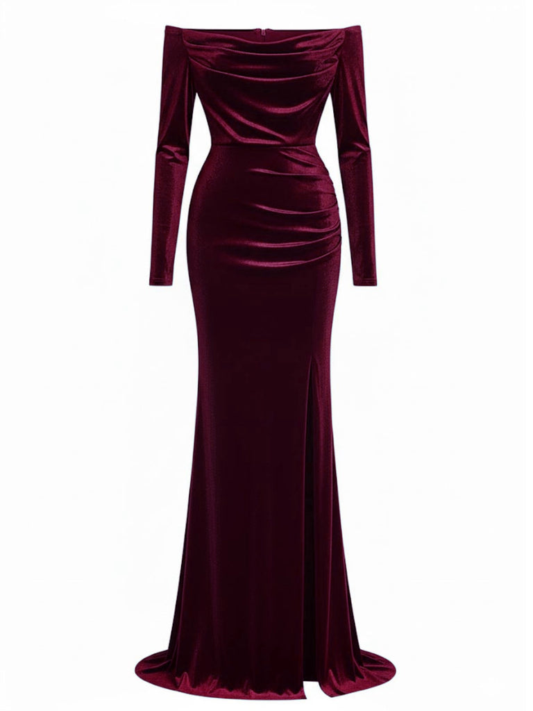 1930s Velvet Off-Shoulder Ruched Side-Slit Dress - vintage dress, retro fashion