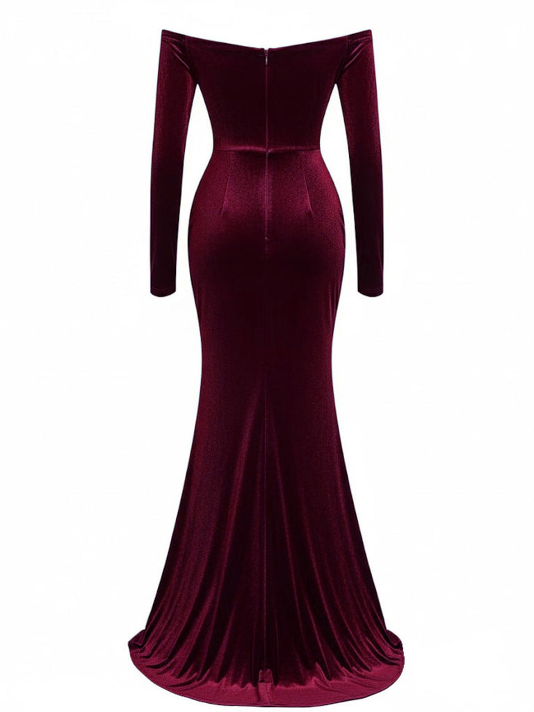 1930s Velvet Off-Shoulder Ruched Side-Slit Dress - vintage dress, retro fashion