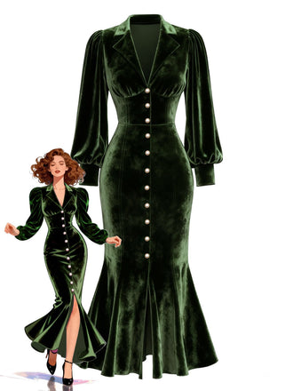 1930s Velvet Pearl Lantern Sleeve Mermaid Dress - vintage dress, retro fashion