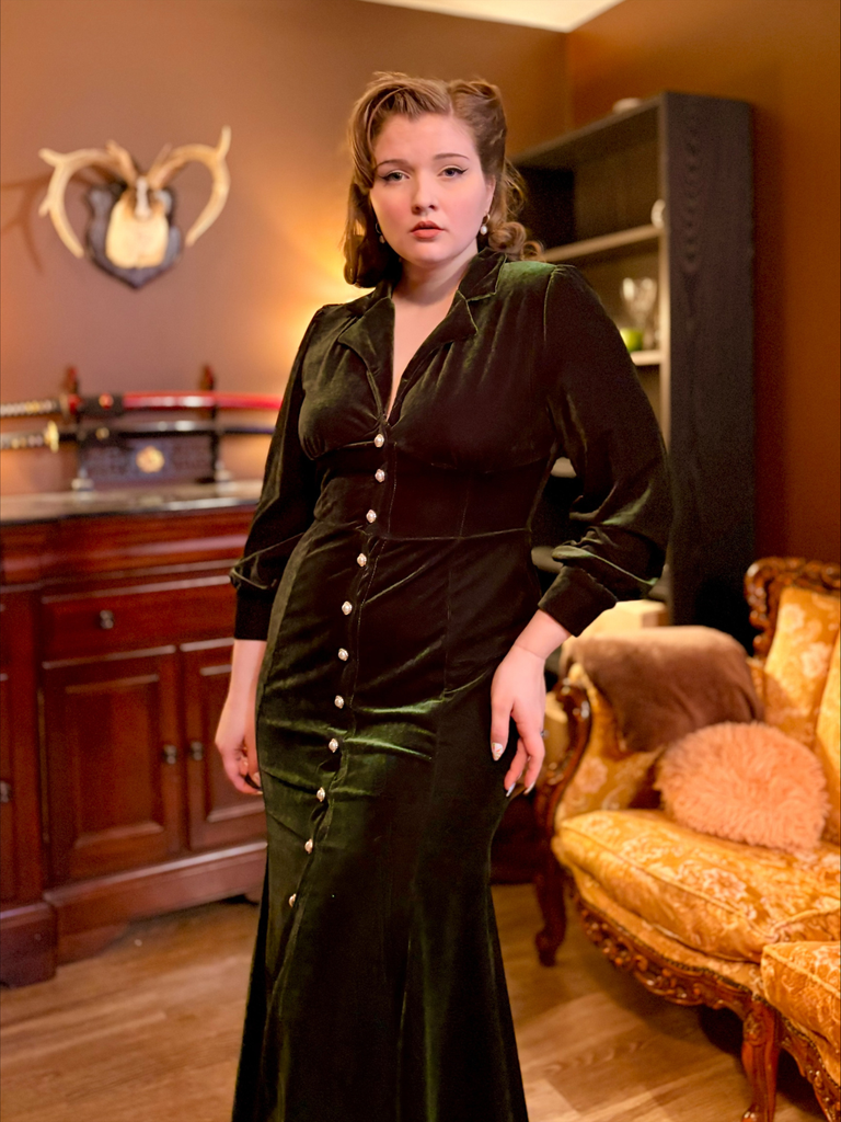 1930s Velvet Pearl Lantern Sleeve Mermaid Dress - vintage dress, retro fashion