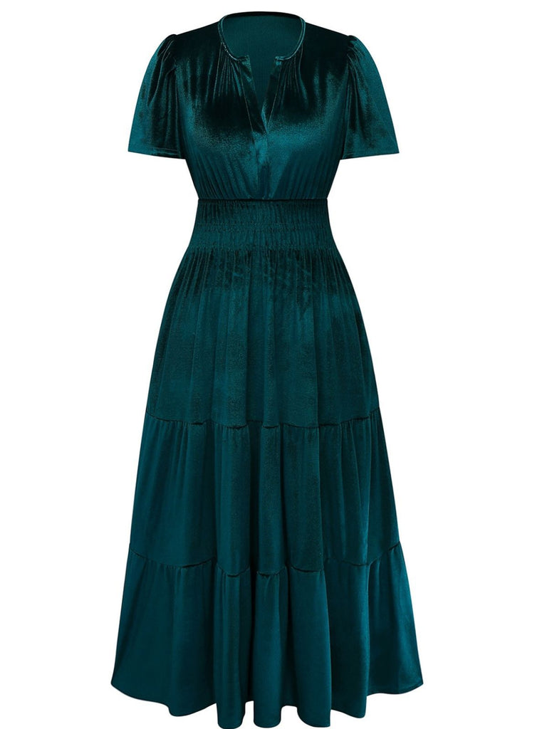 1930s Velvet Solid Short Sleeve Maxi Dress - vintage dress, retro fashion