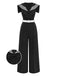 Black jumpsuit with white trim and bow detail on a white background