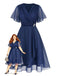 Navy Blue 1940S Wrap V-neck Short-Sleeve Brooch Chiffon Dress - vintage dress, retro fashion