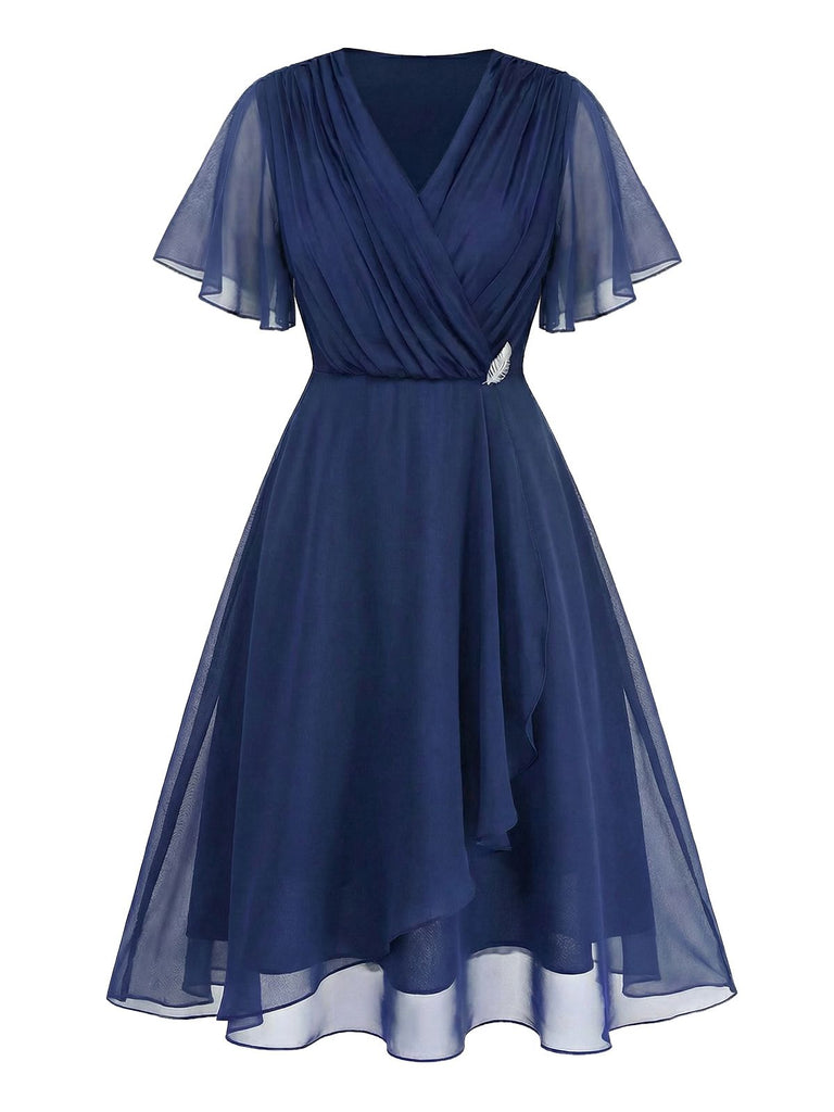 Navy Blue 1940S Wrap V-neck Short-Sleeve Brooch Chiffon Dress - vintage dress, retro fashion