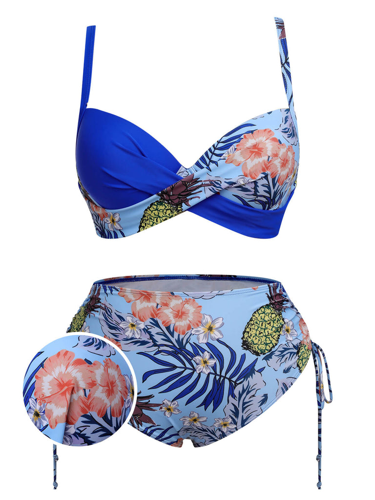[Plus Size] 1940S Tropical Plant Patchwork Lace-Up Swimsuit, vintage swimsuit, pin-up swimwear - perfect for women who love vintage and retro fashion