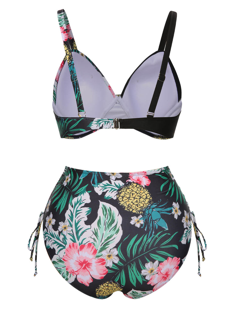 [Plus Size] 1940S Tropical Plant Patchwork Lace-Up Swimsuit, vintage swimsuit, pin-up swimwear - perfect for women who love vintage and retro fashion
