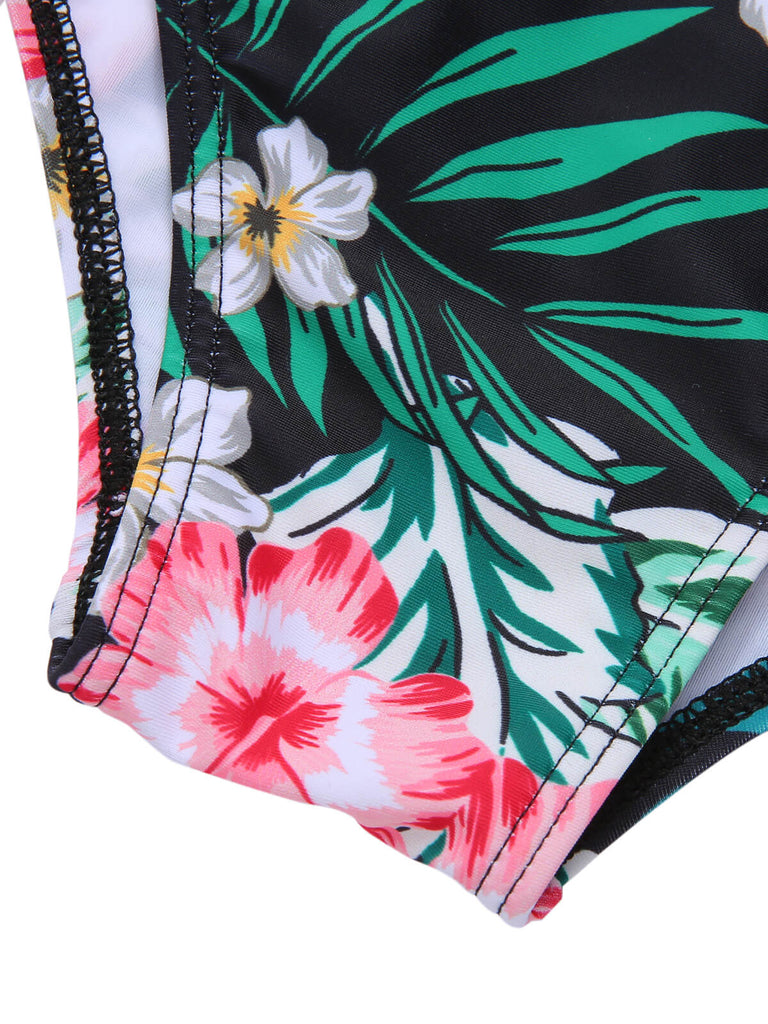 [Plus Size] 1940S Tropical Plant Patchwork Lace-Up Swimsuit, vintage swimsuit, pin-up swimwear - perfect for women who love vintage and retro fashion