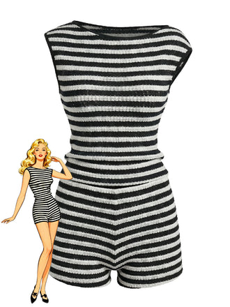 2PCS Black 1940s Striped Sleeveless Top & Hight Waist Shorts - vintage fashion, retro style, classic black
