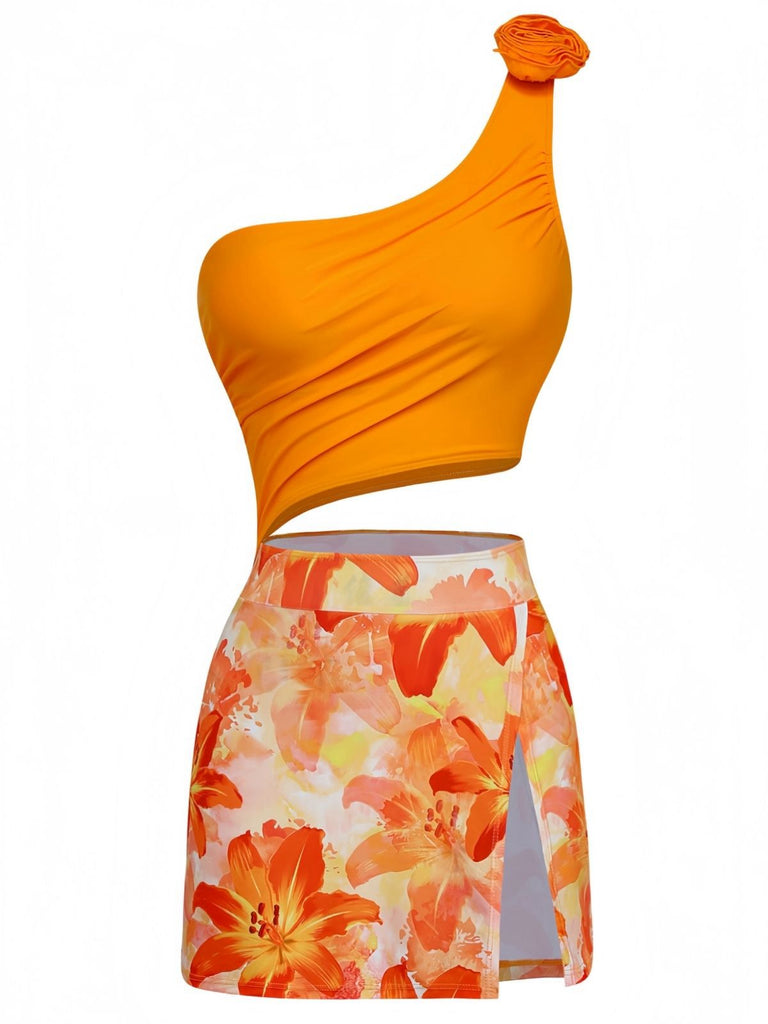Orange 1940s 3D Floral One-Shoulder One-Piece Swimdress on a white background