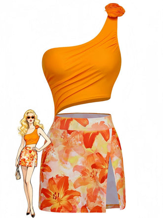 1940s 3D Floral One-Shoulder One-Piece Swimdress - vintage dress, retro fashion, floral print for vintage lovers