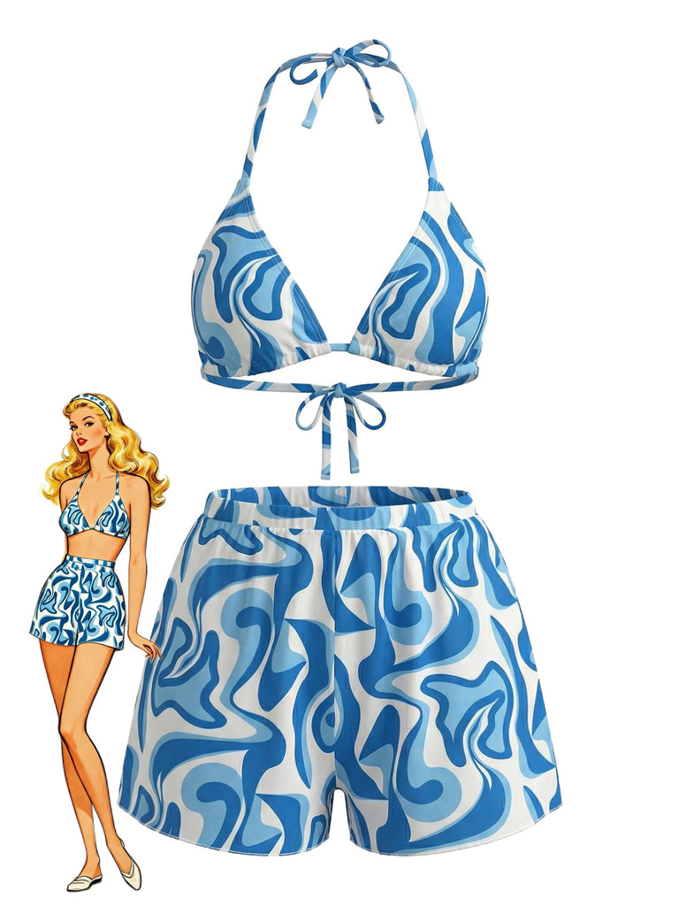 1940s Wave Print Three-Piece Bikini Set 3