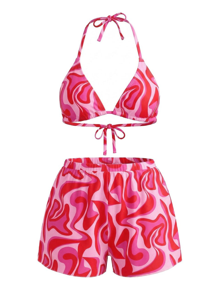 1940s Wave Print Three-Piece Bikini Set 5