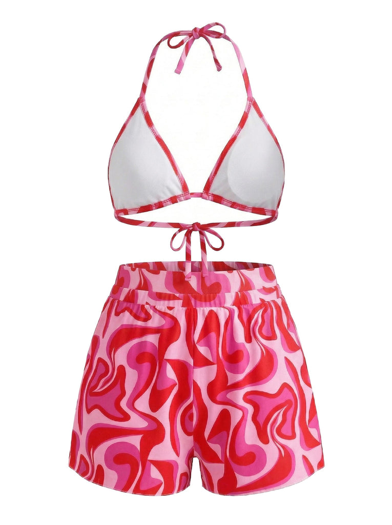 1940s Wave Print Three-Piece Bikini Set 4