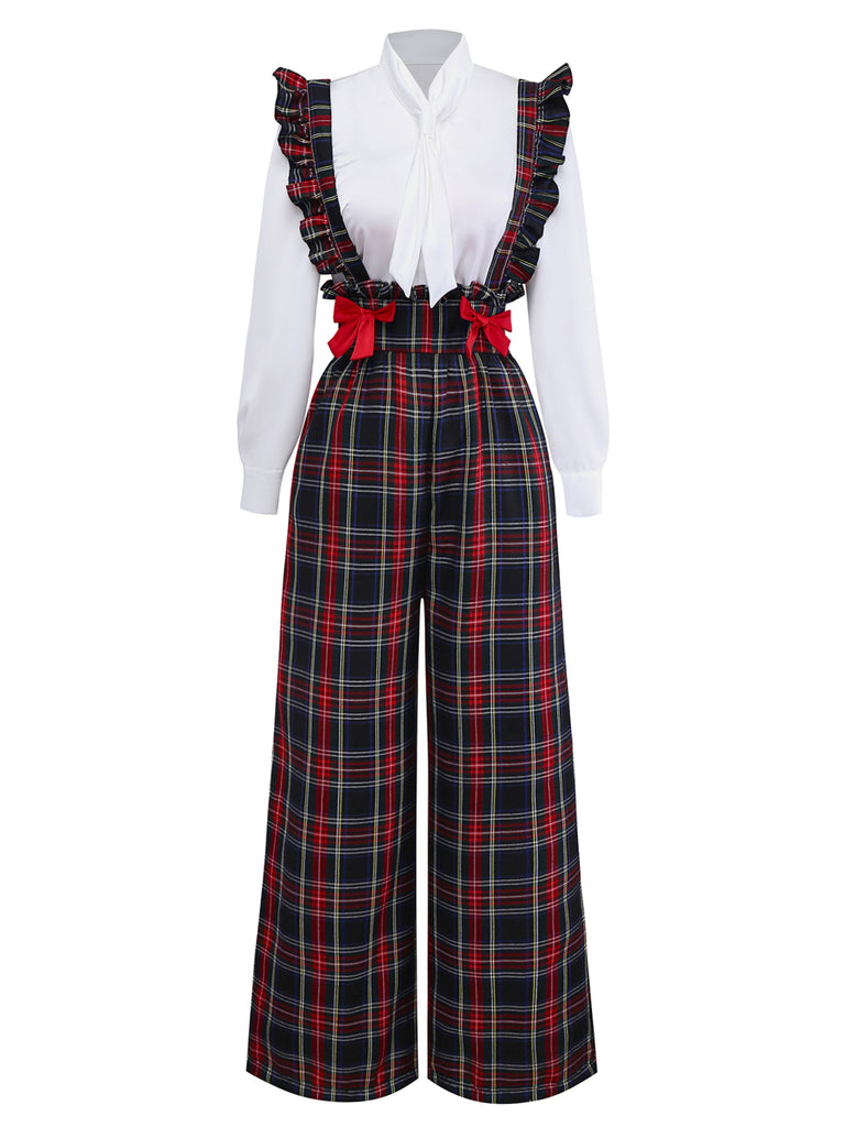 2PCS White & Black 1940s Blouse & Tartan Overall Pants - vintage fashion, retro style, classic black
