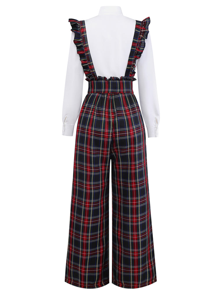 2PCS White & Black 1940s Blouse & Tartan Overall Pants - vintage fashion, retro style, classic black