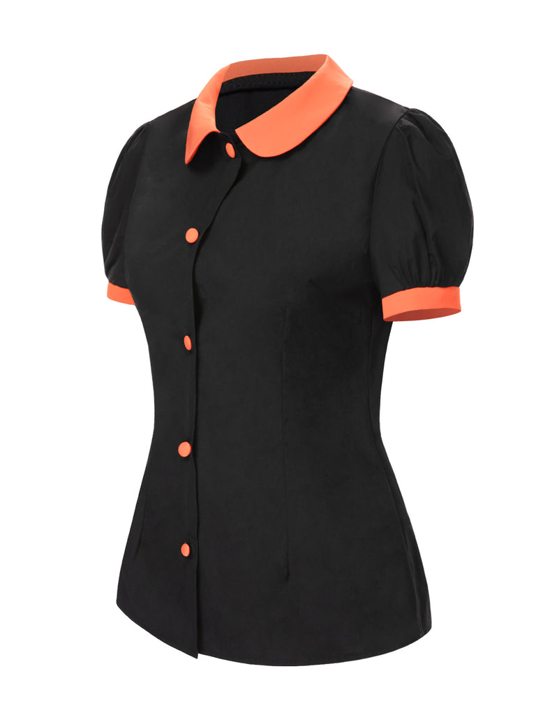 Black 1940s Peter Pan Collar Halloween Puff Sleeve Blouse - vintage fashion, retro style, classic black