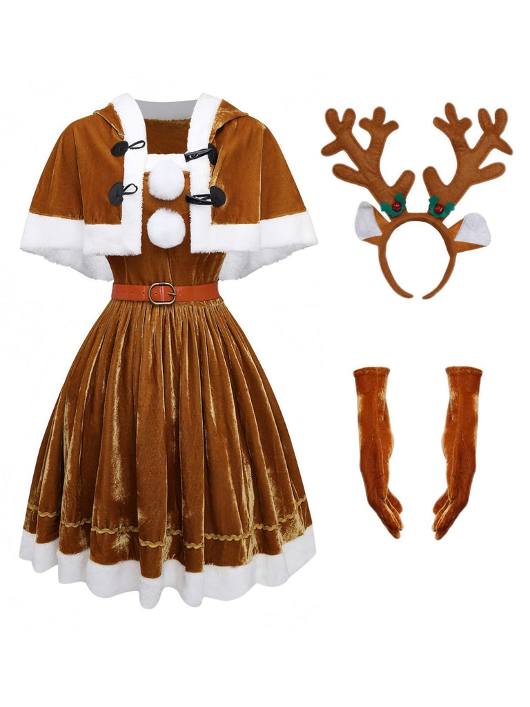 5PCS Brown 1940s Christmas Moose Cape & Velvet Dress - vintage dress, retro fashion
