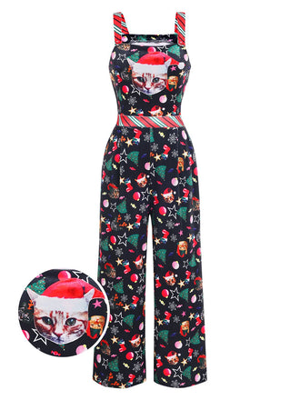 She finds her 1940s story in this 1940s Christmas Cat Spaghetti Strap Velvet Jumpsuit