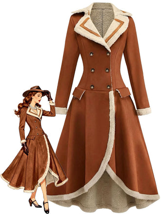Brown 1940s Double-Breasted Lapel Western Style Coat - vintage fashion, retro style