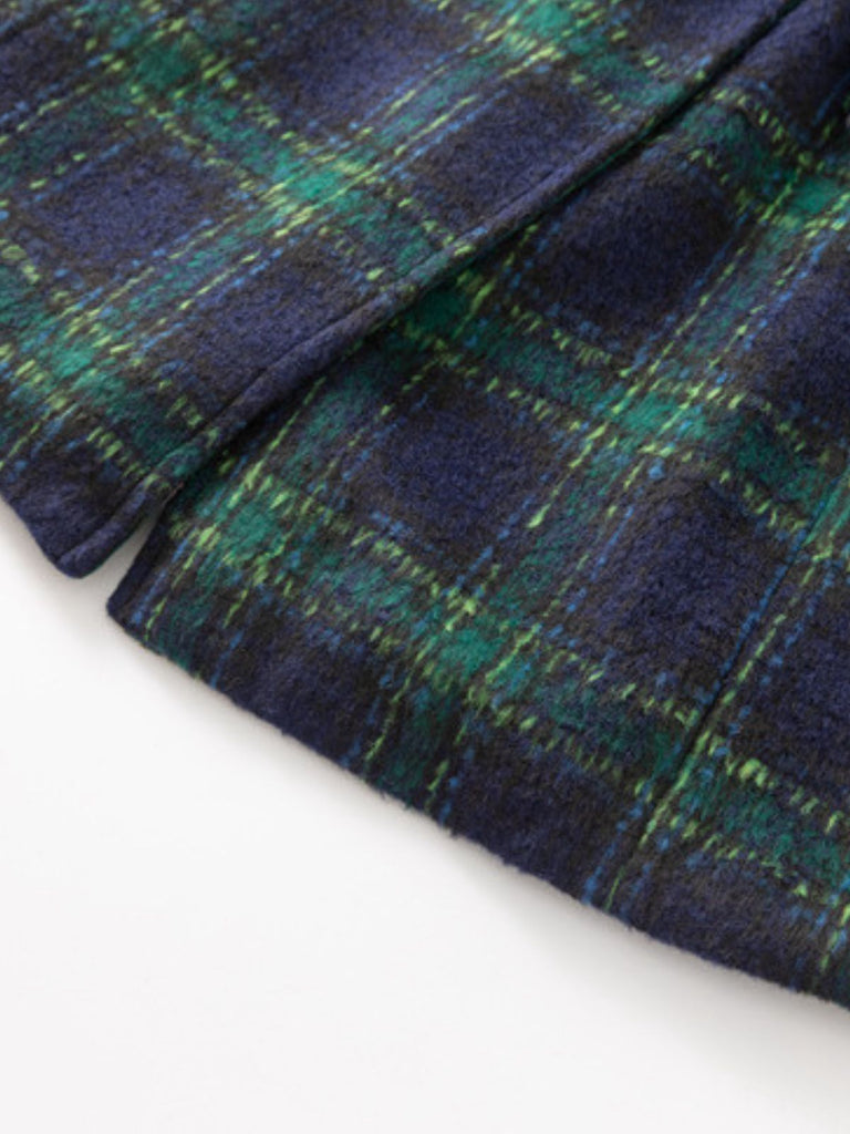 Green 1940s Notched Collar Blackwatch Plaid Long Coat - vintage fashion, retro style, classic black