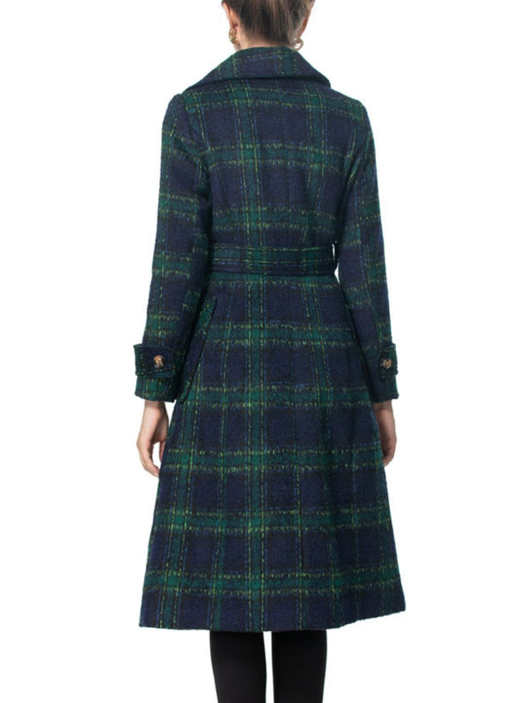 Green 1940s Notched Collar Blackwatch Plaid Long Coat - vintage fashion, retro style, classic black