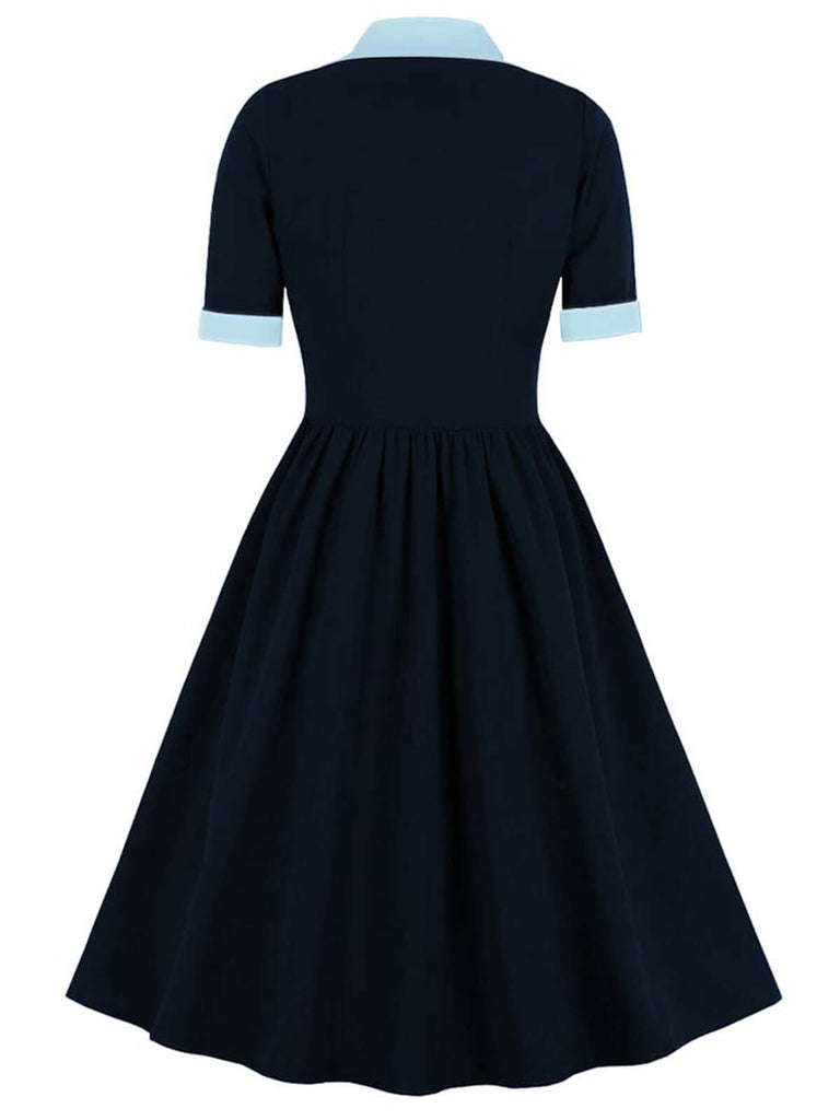 1940s Color Contrast Button Lapel Bow Dress — vintage elegance for the modern woman