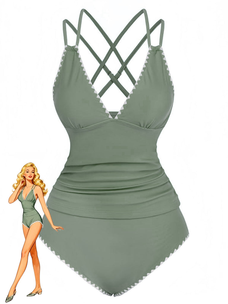 1940s Colorblock Deep V Crisscross Back Tankini Set - vintage fashion, retro style