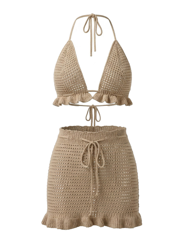 1940s Crochet Knit Ruffle Trim Cover-up Set - bohemian cover up, beach wear for vintage lovers
