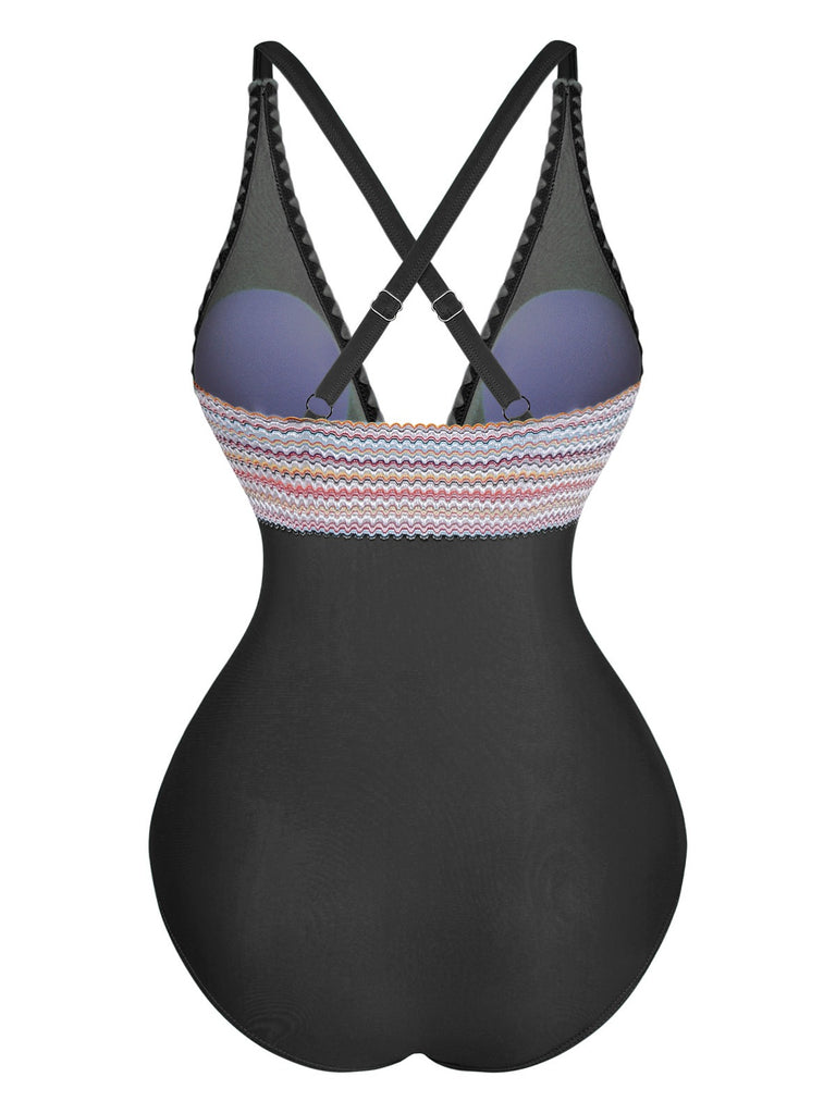 1940s Deep V-Neck Wavy Patchwork One-Piece Swimsuit - vintage swimsuit, pin-up style