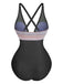 1940s Deep V-Neck Wavy Patchwork One-Piece Swimsuit - vintage swimsuit, pin-up style