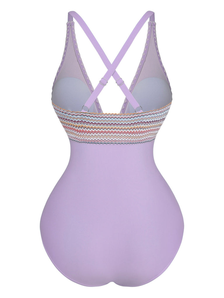1940s Deep V-Neck Wavy Patchwork One-Piece Swimsuit - vintage swimsuit, pin-up style