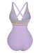 1940s Deep V-Neck Wavy Patchwork One-Piece Swimsuit - vintage swimsuit, pin-up style