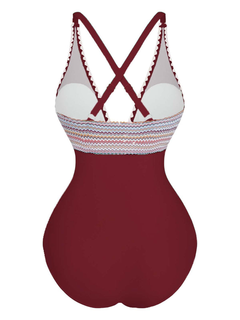 1940s Deep V-Neck Wavy Patchwork One-Piece Swimsuit - vintage swimsuit, pin-up style