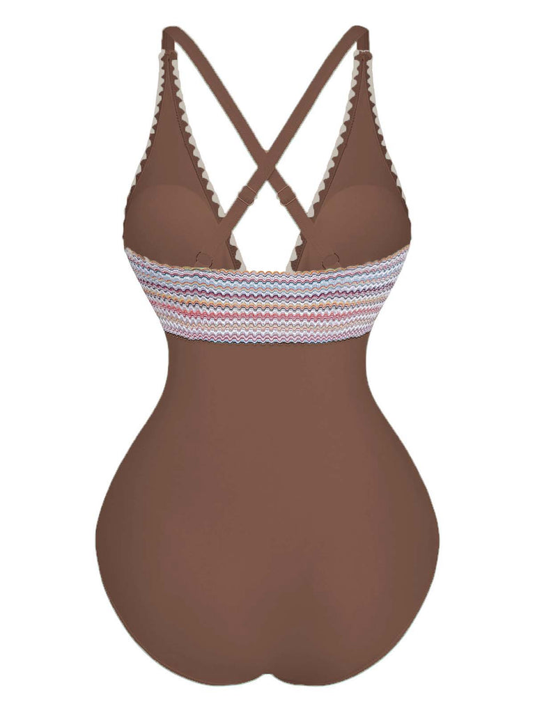 1940s Deep V-Neck Wavy Patchwork One-Piece Swimsuit - vintage swimsuit, pin-up style