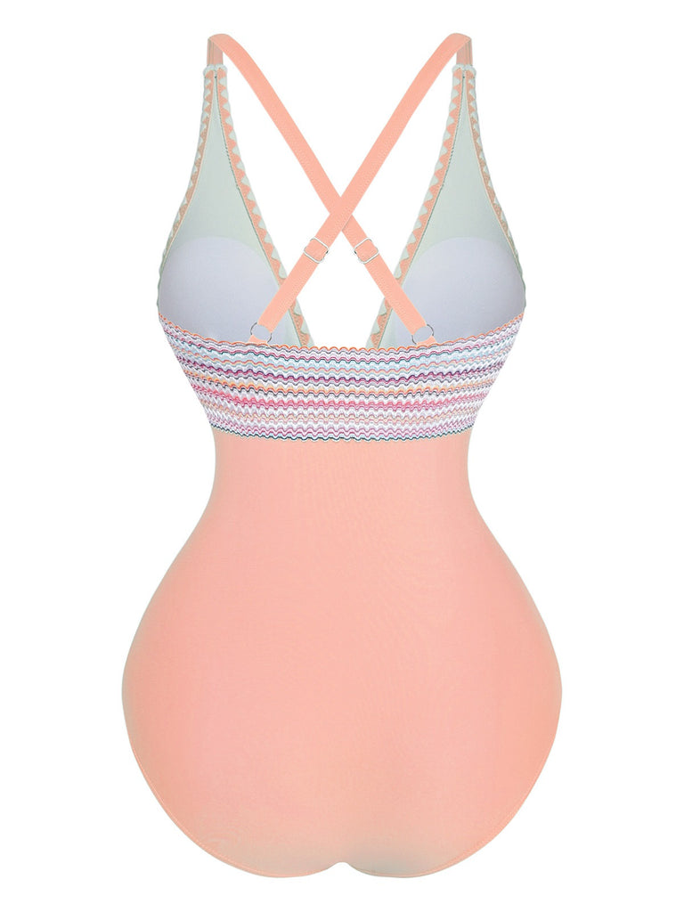 1940s Deep V-Neck Wavy Patchwork One-Piece Swimsuit - vintage swimsuit, pin-up style